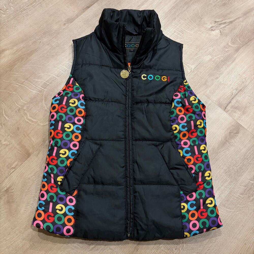 Y2K Coogi Full Zip Puffer Vest Jacket Women's Small S Multicolor Black Rainbow